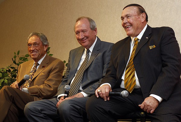 Former Arkansas basketball coaches (from left) Eddie Sutton, Pat Foster and Gene Keady speak at the North Little Rock Tip-Off Club on Monday, March 29, 2010, in North Little Rock.