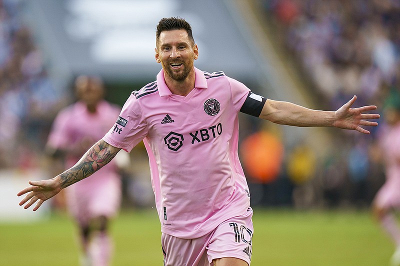 Inter Miami's Lionel Messi celebrates his goal in the first half Tuesday night against the Philadelphia Union in Chester, Pa. (Associated Press)