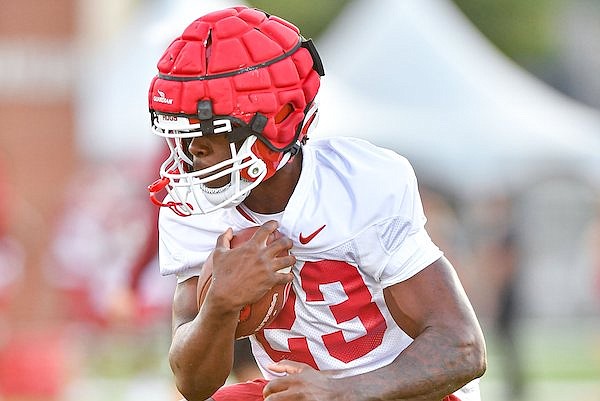 Arkansas running back Isaiah Augustave is shown during practice Friday, Aug. 4, 2023, in Fayetteville.
