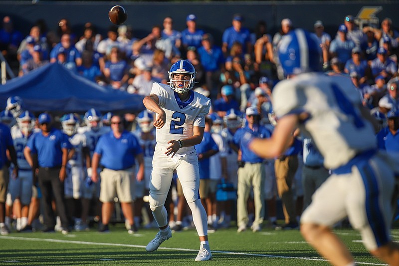 Staff photo by Olivia Ross / McCallie’s Jay St-Hilaire passes during Friday's season-opening win at Chattanooga Christian.