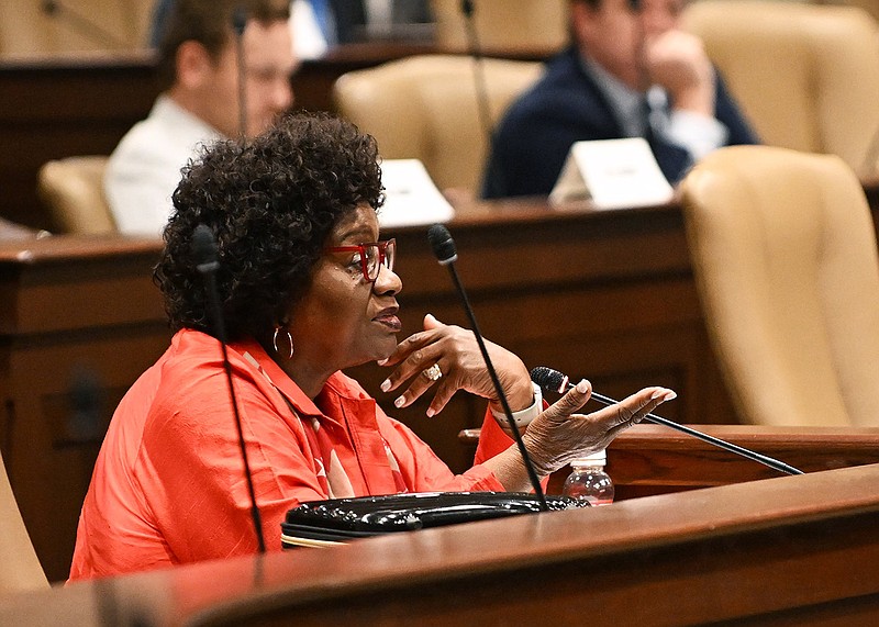 Sen. Linda Chesterfield asks a question during a meeting of the Legislative Council’s Uniform Personnel Classification and Compensation Plan Subcommittee on Wednesday near the state Capitol in Little Rock.
(Arkansas Democrat-Gazette/Staci Vandagriff)