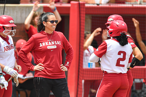 Arkansas head coach Courtney Deifel is shown Sunday, May 21, 2023, during the third inning of the Razorbacks' 14-4 loss to Oregon in the NCAA Fayetteville Regional championship at Bogle Park in Fayetteville.