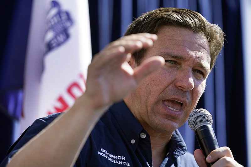 FILE - Republican presidential candidate Florida Gov. Ron DeSantis speaks during a Fair-Side Chat at the Iowa State Fair, Aug. 12, 2023, in Des Moines, Iowa. (AP/Jeff Roberson, File)