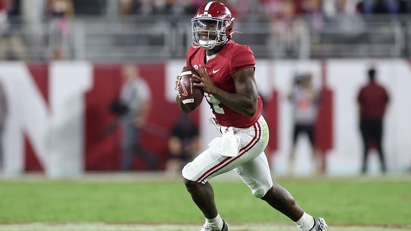 Crimson Tide photos / Alabama redshirt sophomore quarterback Jalen Milroe, who started last season's game against Texas A&M when Bryce Young was injured, has been vying to claim the starting spot this season.