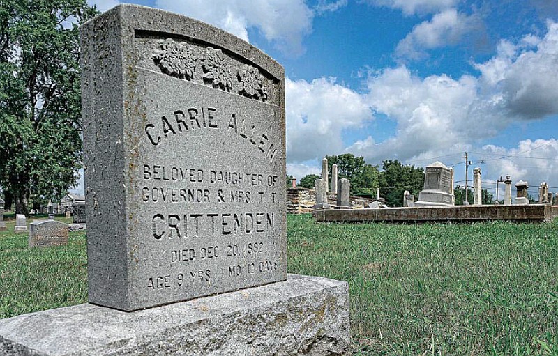 Among the grave sites in Old City/Woodland Cemetery is that of Carrie Allen Crittenden, 9-year-old daughter of Governor and Mrs. Crittenden who died in 1882 while her family lived in the Governor’s Mansion. This is one of many markers recording Jefferson City’s early history. (Julie Smith/News Tribune photo)