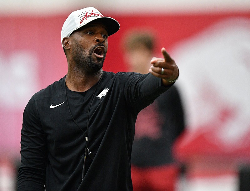 Defensive coordinator Travis Williams, who was hired by Coach Sam Pittman in December, is part of the first all-Black coaching staff on one side of the ball in University of Arkansas history. Williams’ defensive staff includes first-year coaches Marcus Woodson (co-defensive coordinator) and Deron Wilson (secondary coach) and holdover Deke Adams (defensive line coach).
(NWA Democrat-Gazette/Andy Shupe)