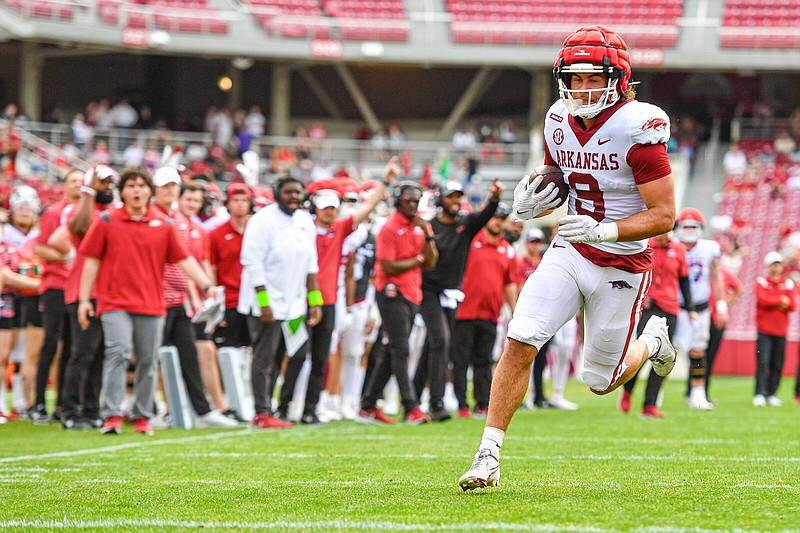 Arkansas freshman tight end Luke Hasz was listed as the No. 1 tight end this week as the Razorbacks prepare to open the 2023 season Saturday against Western Carolina at War Memorial Stadium in Little Rock. Hasz, 6-3, 242 pounds, is the only true freshman on the Razorbacks’ roster to top the depth chart.
(NWA Democrat-Gazette/Hank Layton)