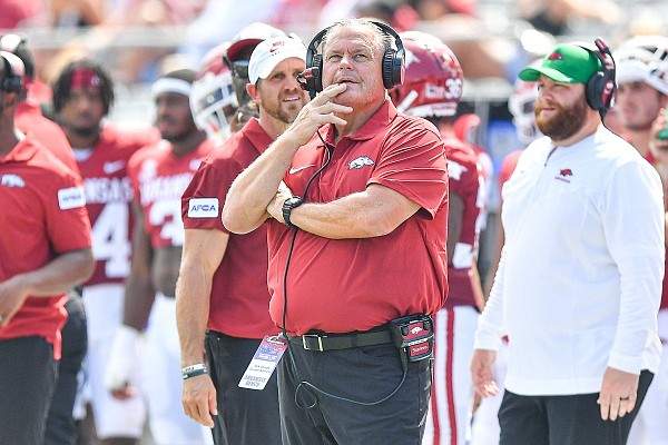 Arkansas head coach Sam Pittman looks on from the sideline, Saturday, Sept, 2, 2023, during the fourth quarter of the Razorbacks’ 56-13 win over Western Carolina at War Memorial Stadium in Little Rock. Visit nwaonline.com/photo for the photo gallery.
