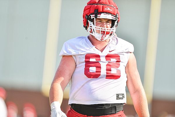 Arkansas offensive lineman Brady Latham is shown Friday, Aug. 11, 2023, in Fayetteville.