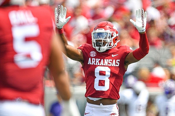 Arkansas defensive back Jayden Johnson (8) reacts after a play, Saturday, Sept, 2, 2023, during the first quarter of the Razorbacks’ 56-13 win over Western Carolina at War Memorial Stadium in Little Rock. Visit nwaonline.com/photo for the photo gallery.
