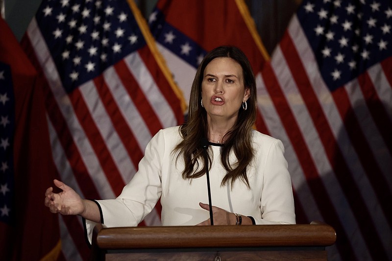 Arkansas Gov. Sarah Huckabee Sanders called a special legislative session focusing on tax rates and the state's Freedom of Information Act during a news conference on Friday, Sept. 8, 2023. (Arkansas Democrat-Gazette/Thomas Metthe)