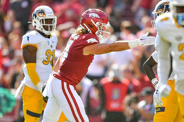 Arkansas wide receiver Isaac TeSlaa (4) reacts after catching a pass for a first down, Saturday, Sept, 9, 2023, during the second quarter of the Razorbacks’ game against Kent State at Donald W. Reynolds Razorback Stadium in Fayetteville. Visit nwaonline.com/photo for the photo gallery.