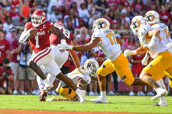 Arkansas quarterback KJ Jefferson (1) carries the ball during a game against Kent State on Saturday, Sept. 9, 2023, in Fayetteville.