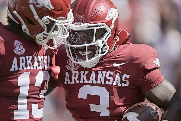 Arkansas linebacker Antonio Grier (3) celebrates after scoring a touchdown during a game against Kent State on Saturday, Sept. 9, 2023, in Fayetteville.