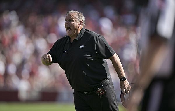 Arkansas coach Sam Pittman is shown Saturday, Sept. 9, 2023, during a game against Kent State in Fayetteville.