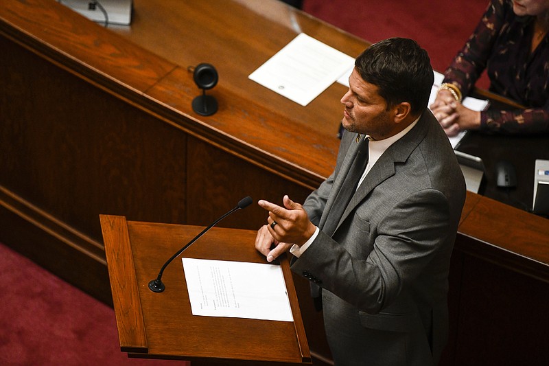 Senator Bart Hester, R-Cave Springs, speaks in the well during a meeting of the Senate in special session on Monday, Sept. 11, 2023. Hester explained that he was still in the process of writing a bill that would change sunshine laws in Arkansas, and asked the senate for an indefinite recess until he finished writing the bill...(Arkansas Democrat-Gazette/Stephen Swofford)