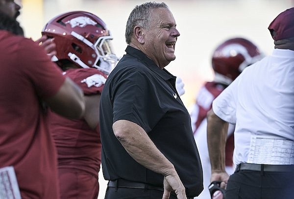 Arkansas coach Sam Pittman is shown during a game against Kent State on Saturday, Sept. 9, 2023, in Fayetteville.
