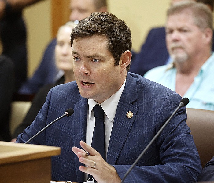 State Rep. David Ray, R-Maumelle, presents House Bill 1012, which would amend the state’s Freedom of Information Act, to the House Committee on State Agencies and Governmental Affairs on Wednesday at the state Capitol in Little Rock.
(Arkansas Democrat-Gazette/Thomas Metthe)