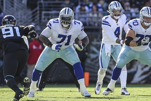 Dallas Cowboys offensive tackle Jason Peters (71) in action during an NFL football game against the Jacksonville Jaguars, Sunday, Dec. 18, 2022, in Jacksonville, Fla. (AP Photo/Gary McCullough)