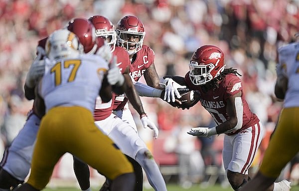 Arkansas tailback AJ Green said the Razorbacks are working on trying to improve their run game. Green led the Razorbacks with 82 rushing yards in last week’s 28-6 win over Kent State.
(NWA Democrat-Gazette/Charlie Kaijo)