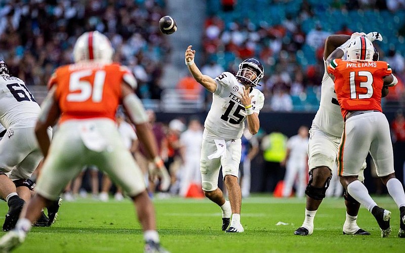 Texas A&M photo by Tom Diniz Santos / Texas A&M quarterback Conner Weigman threw for 336 yards and two touchdowns last Saturday at Miami, but he was also intercepted twice as the Hurricanes pulled away for a 48-33 victory.