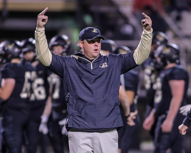 Bentonville Tigers head coach Jody Grant gives instructions to his team during warmups before the Cabot at Bentonville Class 7A state semi-final playoff game, November 25, 2022, at Tiger Stadium, Bentonville, Arkansas (Special to NWA Democrat-Gazette/Brent Soule)