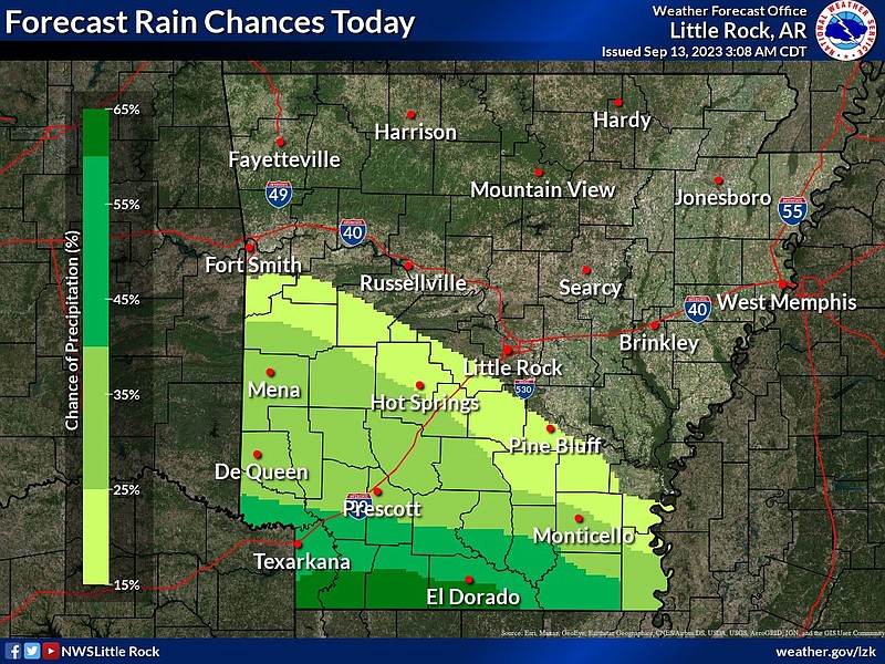 This graphic from the National Weather Service highlights parts of Arkansas forecast to see some rain on Wednesday, September 13, 2023. (National Weather Service/X)