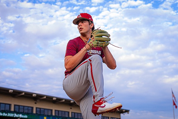 Arkansas pitcher Hunter Dietz throws during a scrimmage Friday, Sept. 15, 2023, in Fayetteville.