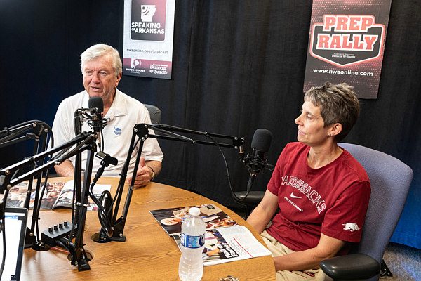 Gary Blair (left) and Amber Shirey (right) are shown Friday, Sept. 15, 2023, during a Game Changers podcast episode recording in Fayetteville.
