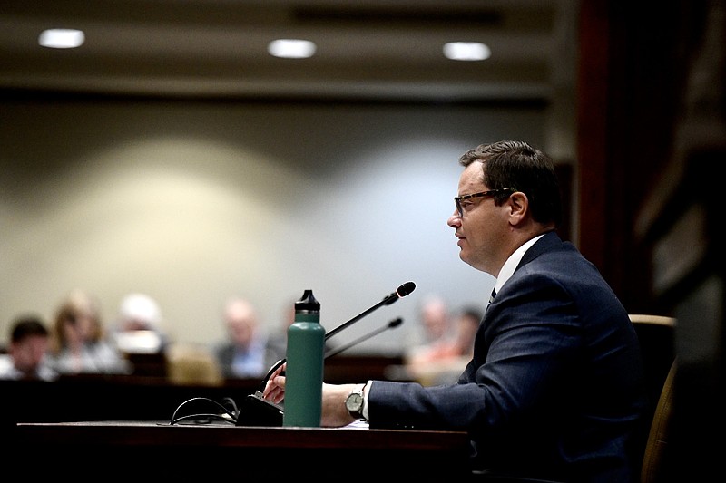 Billy Parrish, with the state's Bureau of Legislative Research, presents American Rescue Plan Act appropriation requests during a meeting of the Arkansas Legislative Council at the State Capitol on Friday, September 15, 2023. (Arkansas Democrat-Gazette/Stephen Swofford)