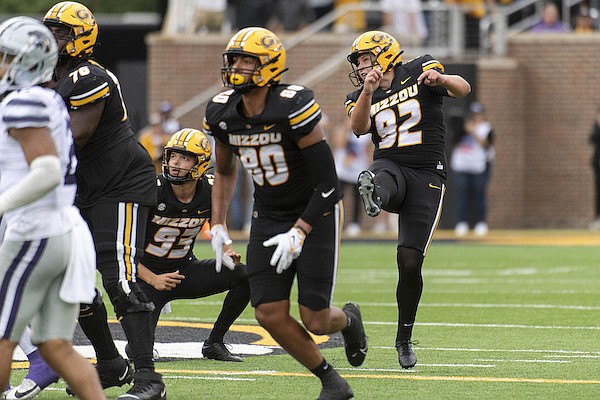 Missouri kicker Harrison Mevis kicks the game-winning field goal during the fourth quarter of an NCAA college football game against Kansas State Saturday, Sept. 16, 2023, in Columbia, Mo. Missouri won 30-27. (AP Photo/L.G. Patterson)