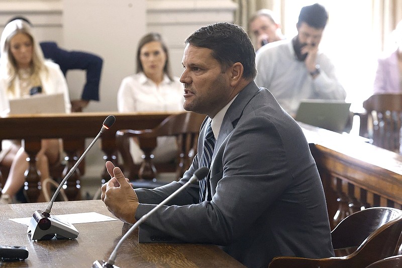 Sen. Bart Hester, R-Cave Springs, presents SB10, to amend the Freedom of Information Act of 1967, during the House Committee on State Agencies and Governmental Affairs on Wednesday, Sept. 13, 2023, at the state Capitol in Little Rock. .(Arkansas Democrat-Gazette/Thomas Metthe)
