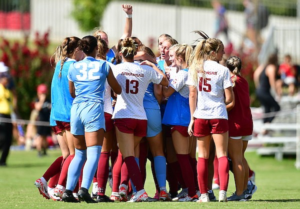 Arkansas players celebrate following a 3-2 victory over Grand Canyon on Sunday, Sept. 17, 2023, in Fayetteville.