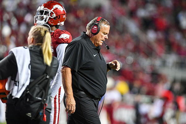 Arkansas head coach Sam Pittman returns to the sideline after a defensive timeout, Saturday, Sept. 16, 2023, during the fourth quarter of the BYU Cougars’ 38-31 win over the Razorbacks at Donald W. Reynolds Razorback Stadium in Fayetteville.