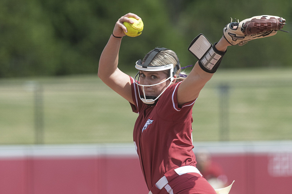 Arkansas’ Reis Beuerlein is shown pitching, Sunday, Sept. 17, 2023, during an exhibition game against McLennan Community College.