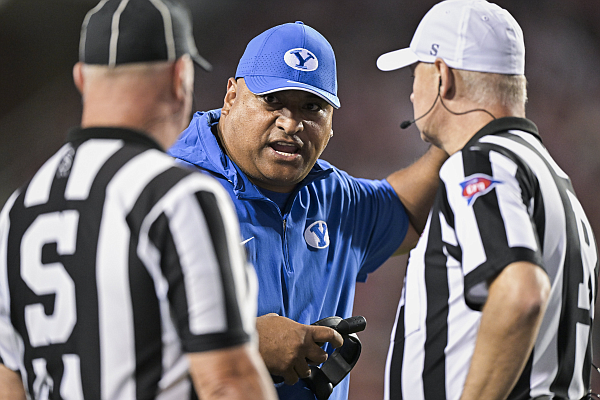 BYU head coach Kalani Sitake reacts as he talks to officials, Saturday, September 16, 2023 during the fourth quarter of a football game at Donald W. Reynolds Razorback Stadium in Fayetteville.