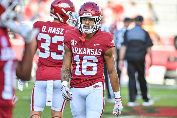 Arkansas wide receiver Isaiah Sategna (16) warms up, Saturday, Sept, 16, 2023, before kickoff against BYU at Donald W. Reynolds Razorback Stadium in Fayetteville. Visit nwaonline.com/photo for the photo gallery.