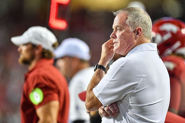 Arkansas athletics director Hunter Yurachek watches during the final moments of the Razorbacks' 38-31 loss to BYU on Saturday, Sept. 16, 2023, in Fayetteville.