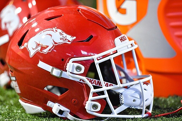 An Arkansas helmet is seen on the sideline, Saturday, Sept, 16, 2023, during the third quarter of the BYU Cougars’ 38-31 win over the Razorbacks at Donald W. Reynolds Razorback Stadium in Fayetteville. Visit nwaonline.com/photo for the photo gallery.