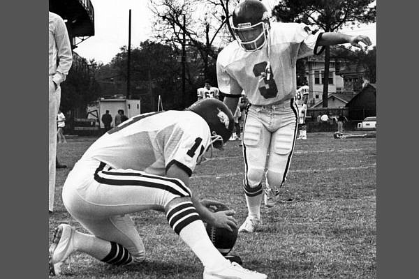 Arkansas kicker Ish Ordonez (3) and holder Bruce Hay practice in December 1979 prior to the Razorbacks' game against Alabama at the Sugar Bowl in New Orleans. (Courtesy photo) Arkansas kicker Ish Ordonez (3) and holder Bruce Hay practice in December 1979 prior to the Razorbacks' game against Alabama at the Sugar Bowl in New Orleans. (Courtesy photo)