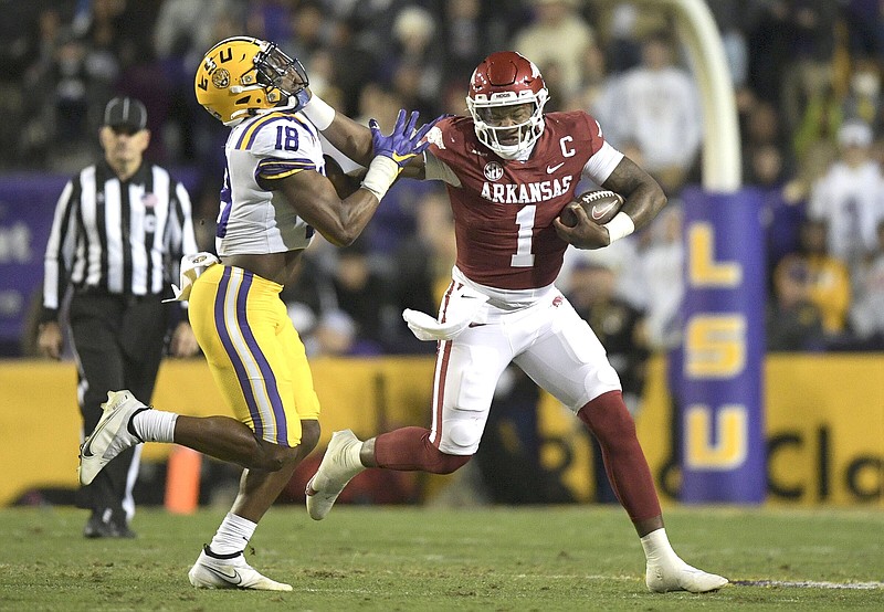 Arkansas quarterback KJ Jefferson led the Razorbacks to a 16-13 overtime win at LSU in 2021. The Razorbacks will attempt to win back-to-back games at Tiger Stadium for the first time when the teams meet there tonight.
(NWA Democrat-Gazette/Charlie Kaijo)