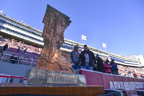 The Golden Boot trophy is shown prior to a game between Arkansas and LSU on Saturday, Nov. 12, 2022, in Fayetteville.