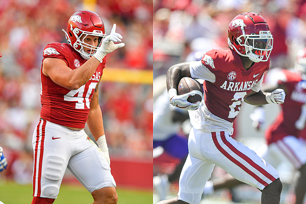 Arkansas defensive end Landon Jackson and cornerback Dwight "Nudie" McGlothern, LSU transfers who are in their second season with the Razorbacks, are shown during games in the 2023 season.