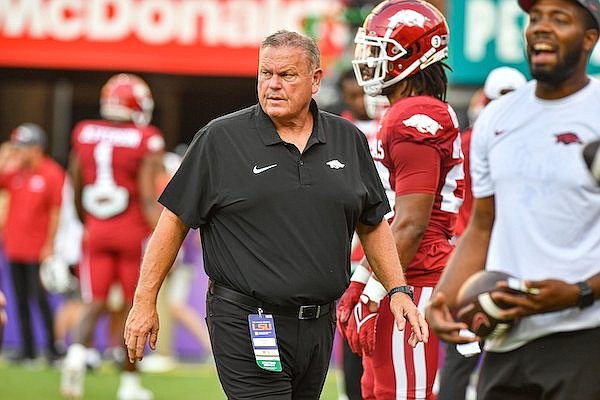 Arkansas coach Sam Pittman is shown prior to a game against LSU on Saturday, Sept. 23, 2023, in Baton Rouge, La.