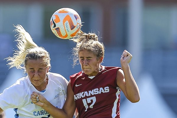 Arkansas' Kennedy Ball, shown during a Sept. 3, 2023, game in Chapel Hill, N.C., scored the game-winning goal as the Razorbacks won their sixth consecutive matchup against Texas A&M. (Photo by David Beach/Special to Hawgs Sports Network)