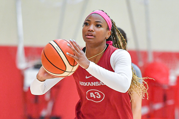 Arkansas guard Makayla Daniels (43) passes the ball, Friday, Aug. 4, 2023, during the Razorbacks’ open practice at the Martin Family Basketball Performance Center in Fayetteville.