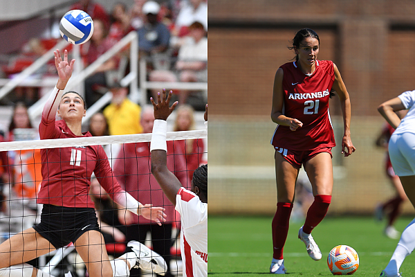 Arkansas' volleyball and soccer teams each made jumps in national rankings this week. (Photos by David Beach and Andy Shupe)