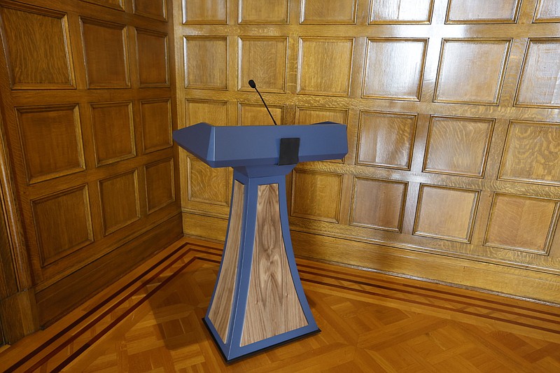 Photo of the $19,029.25 lectern purchased by the Sanders administration in June. The expense was reimbursed by the Republican Party of Arkansas in September, according to records. (Arkansas Democrat-Gazette/Thomas Metthe)