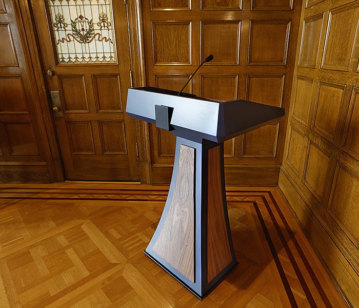 The $19,029.25 lectern purchased by the Sanders administration in June, seen in the Governor’s Conference Room at the state Capitol in Little Rock on Tuesday, Sept. 26, 2023. .(Arkansas Democrat-Gazette/Thomas Metthe)