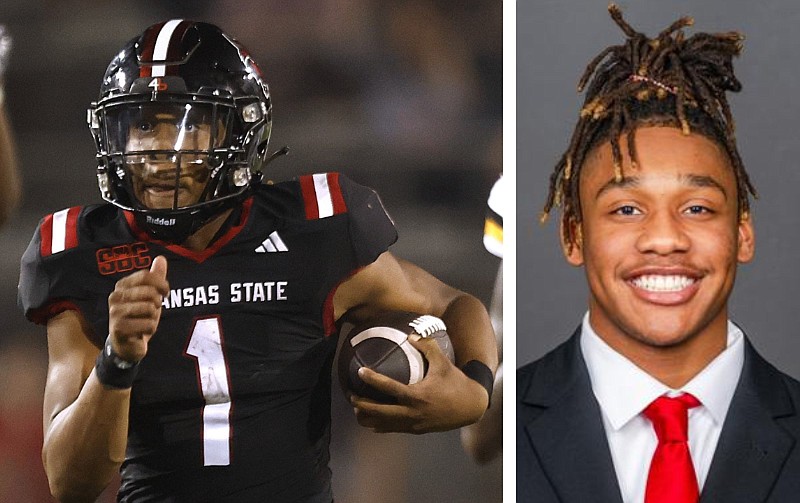 Arkansas State quarterback Jaylen Raynor is shown at left running for a 62-yard touchdown against Southern Miss at Centennial Bank Stadium in Jonesboro on Sept. 23, 2023, and at right in his undated Arkansas State University promotional photo. (Left, Arkansas Democrat-Gazette/Thomas Metthe; right, photo courtesy Arkansas State University)